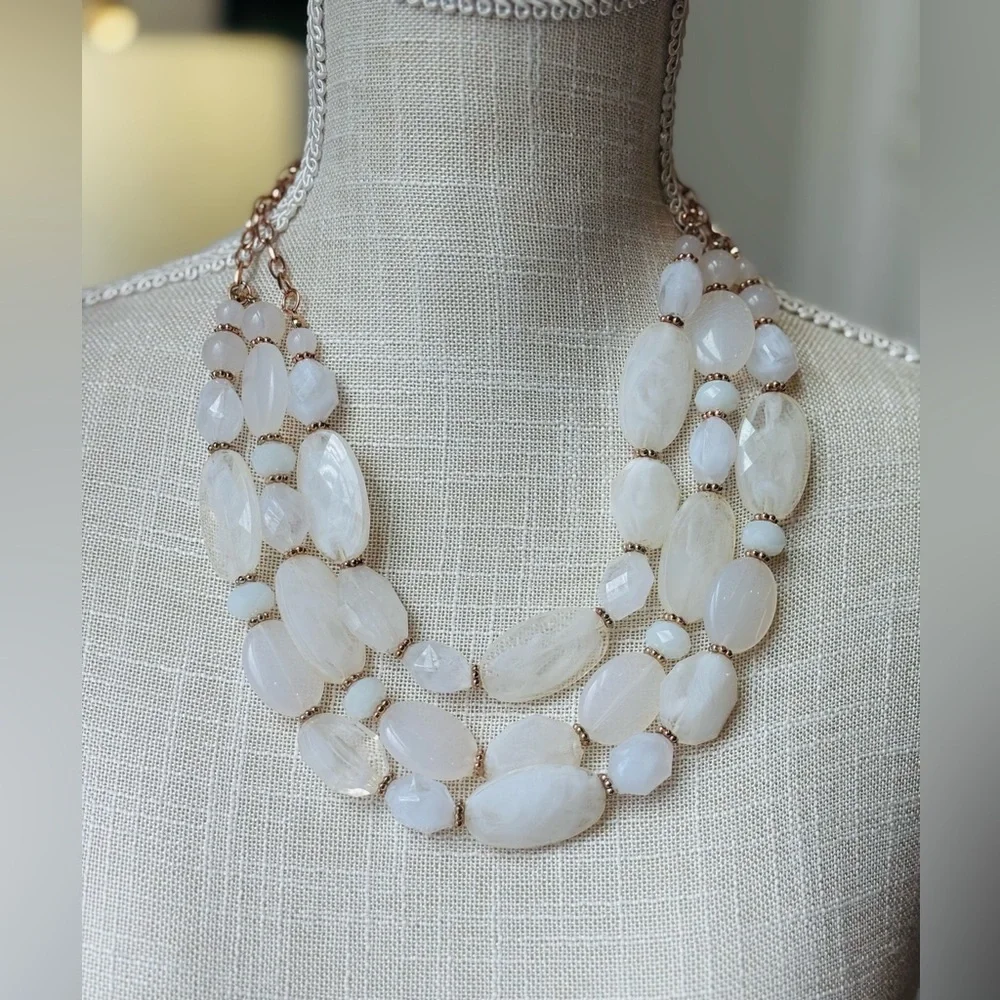 Chunky Ivory Glass Bead Statement Necklace. 3 Strand | Adjustable | Neutral EUC